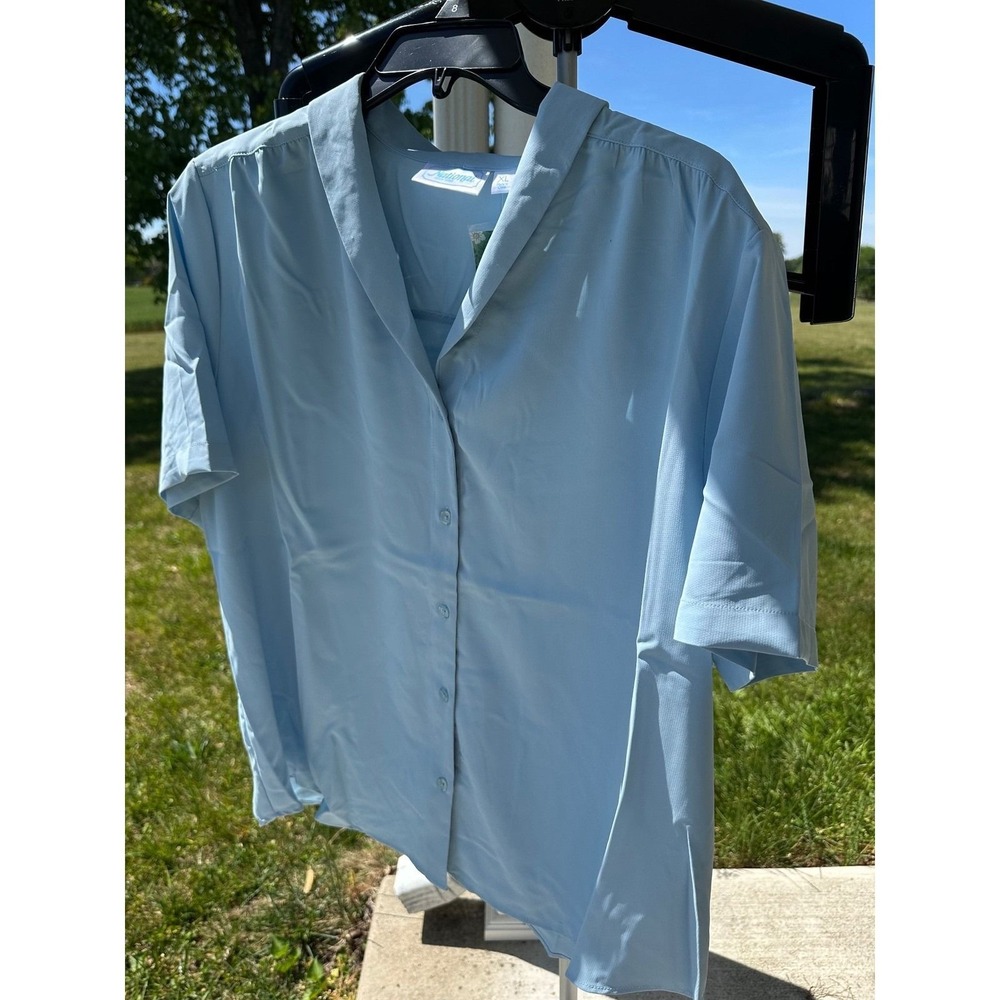 National Women's Light Blue Short Sleeve Button Down Blouse XL Notched Collar
